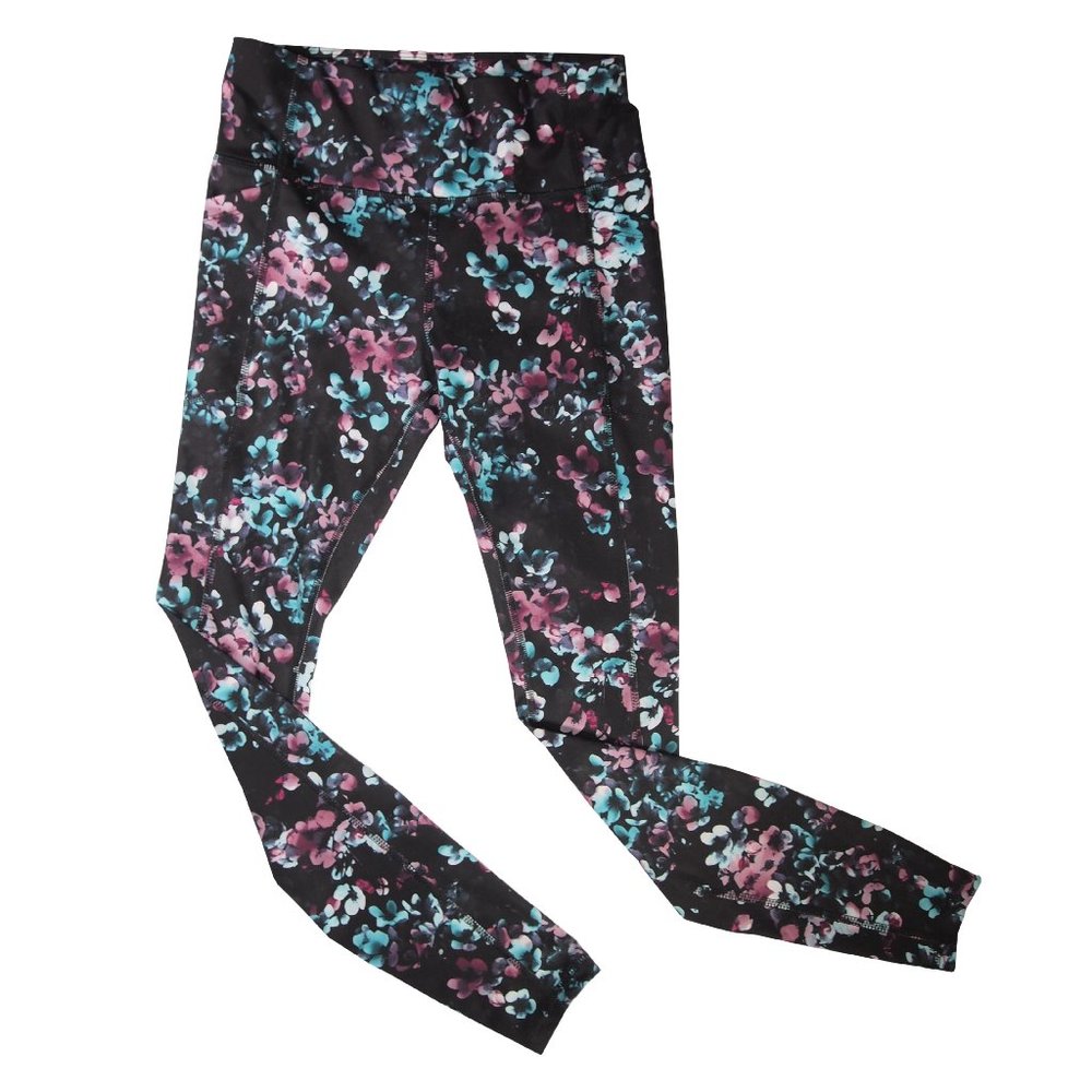 Women's Black Floral Print Avia Leggings, Size Small, Side Pockets, Drawstring
